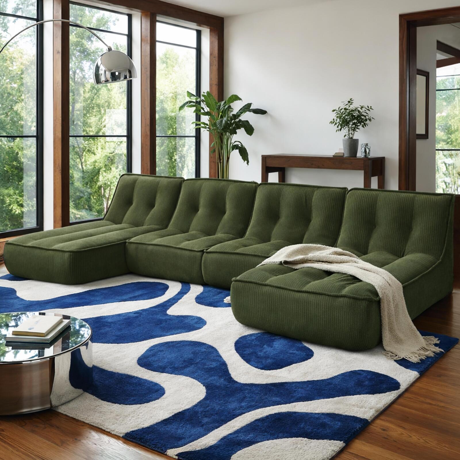 Sofá modular de 4 plazas de tejido de acanalado con 2 chaise longue