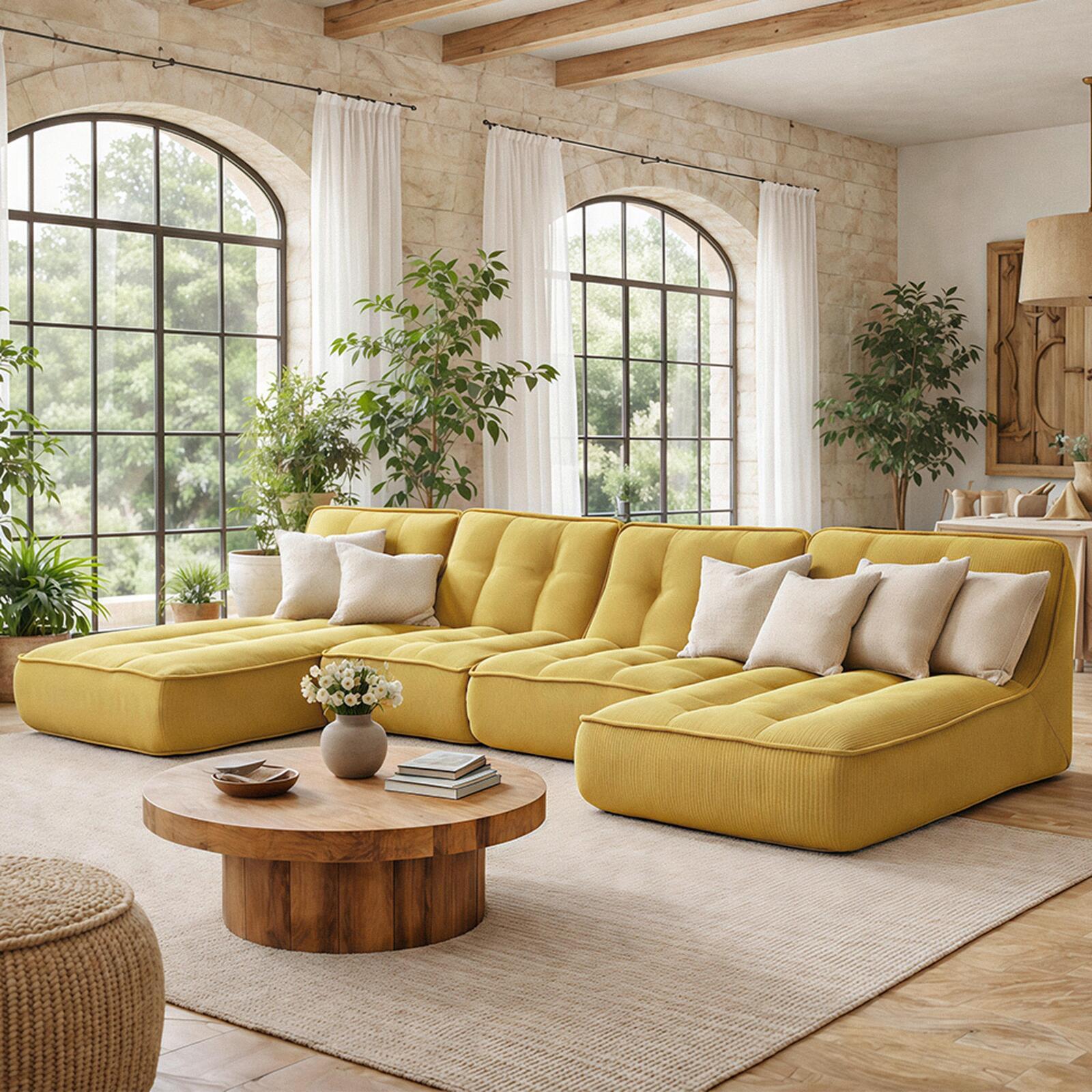 Sofá modular de 4 plazas de tejido de acanalado con 2 chaise longue