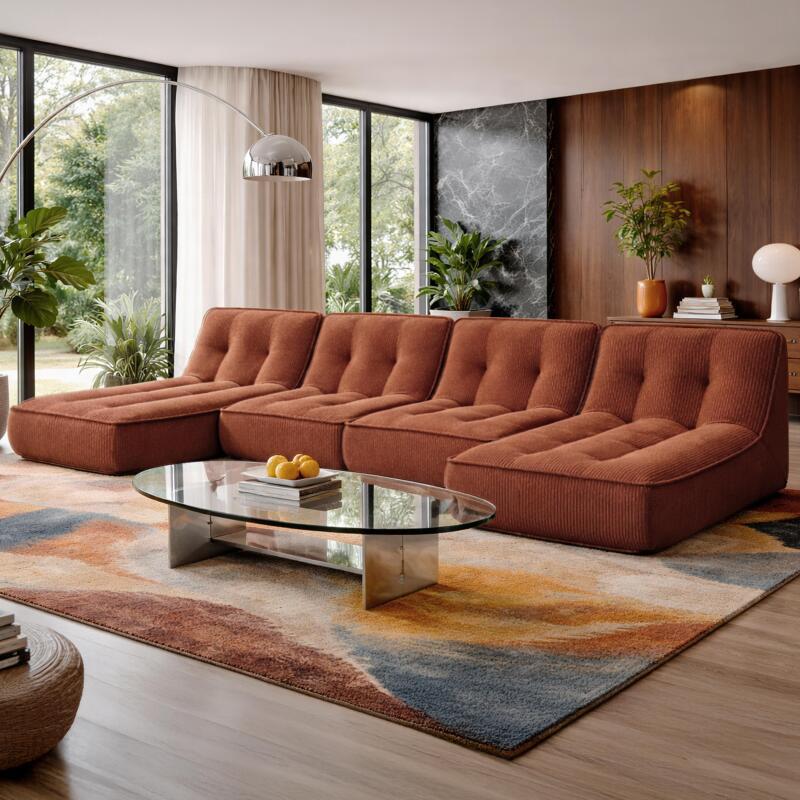 Sofá modular de 4 plazas de tejido de acanalado con 2 chaise longue