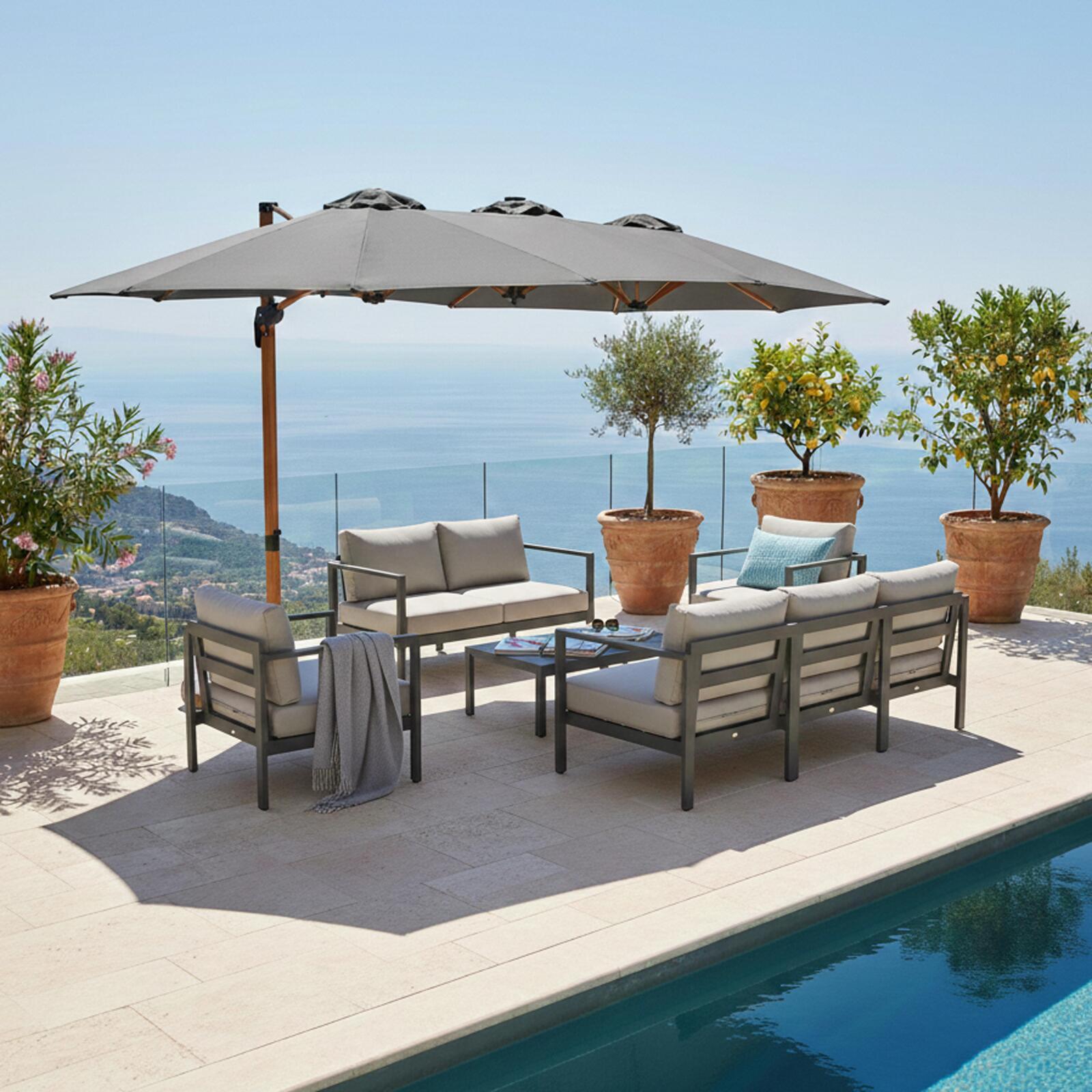 Parasol excéntrico 3 cabezas 4,5x2,65 m con mástil giratorio 360° efecto madera y funda de protección