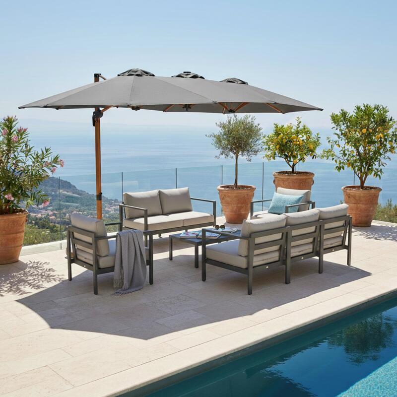 Parasol excéntrico 3 cabezas 4,5x2,65 m con mástil giratorio 360° efecto madera y funda de protección