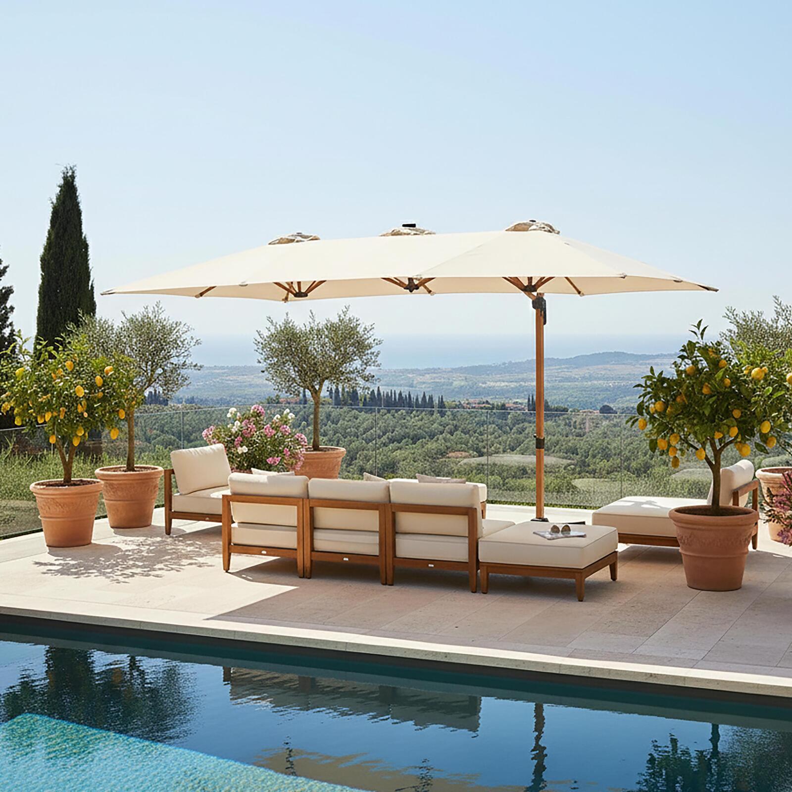 Parasol excéntrico 3 cabezas 4,5x2,65 m con mástil giratorio 360° efecto madera y funda de protección