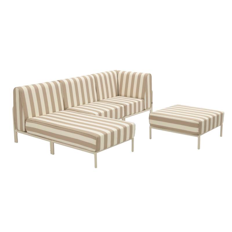 Sofá modular de exterior a rayas para 4 personas con 1 sillón, 1 sillón esquinero, 1 chaise longue y 1 puf