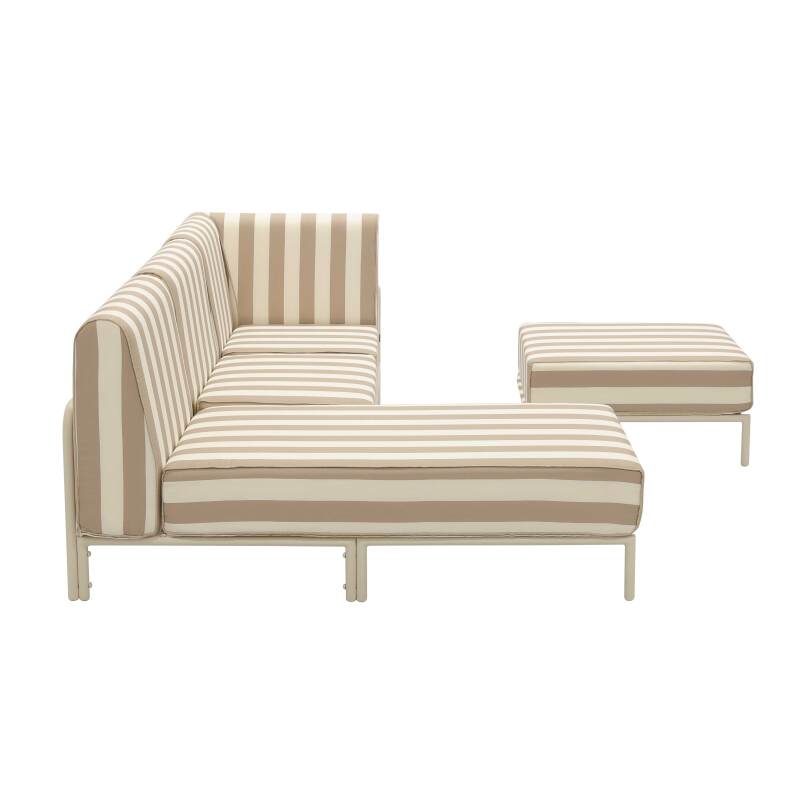 Sofá modular de exterior a rayas para 4 personas con 1 sillón, 1 sillón esquinero, 1 chaise longue y 1 puf (3/8)