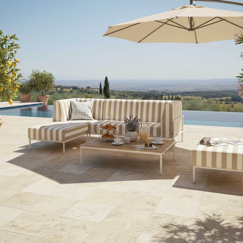 Sofá modular de exterior a rayas para 4 personas con 1 sillón, 1 sillón esquinero, 1 chaise longue y 1 puf (7/8)