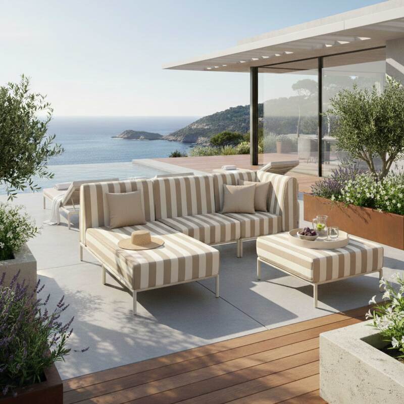 Sofá modular de exterior a rayas para 4 personas con 1 sillón, 1 sillón esquinero, 1 chaise longue y 1 puf (6/8)