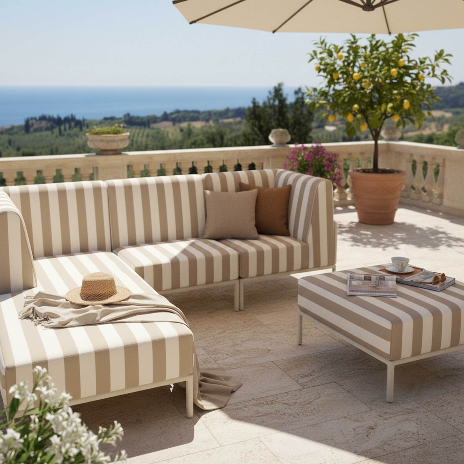 Sofá modular de exterior a rayas para 4 personas con 1 sillón, 1 sillón esquinero, 1 chaise longue y 1 puf