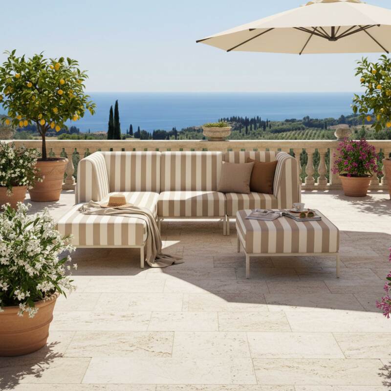 Sofá modular de exterior a rayas para 4 personas con 1 sillón, 1 sillón esquinero, 1 chaise longue y 1 puf