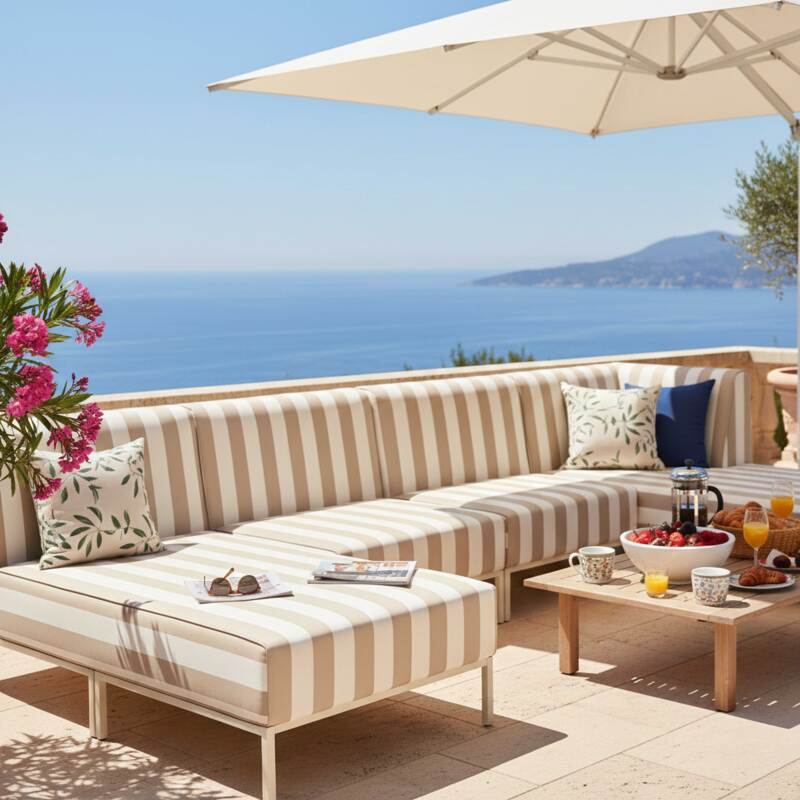 Sofá modular de exterior a rayas para 5 personas con 2 sillones, 1 sillón esquinero, 1 chaise longue y 1 puf (2/7)