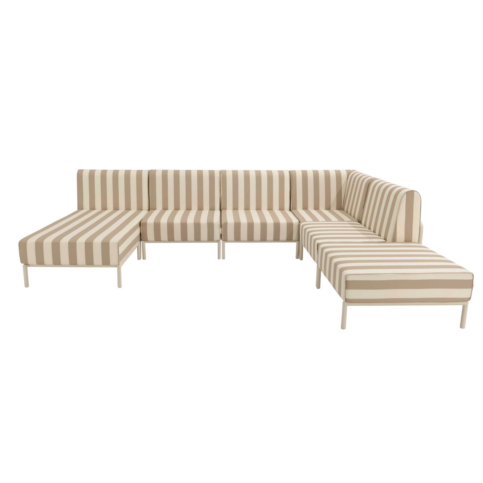 Sofá modular de exterior a rayas para 6 personas con 3 sillones, 1 sillón esquinero, 1 chaise longue y 1 puf