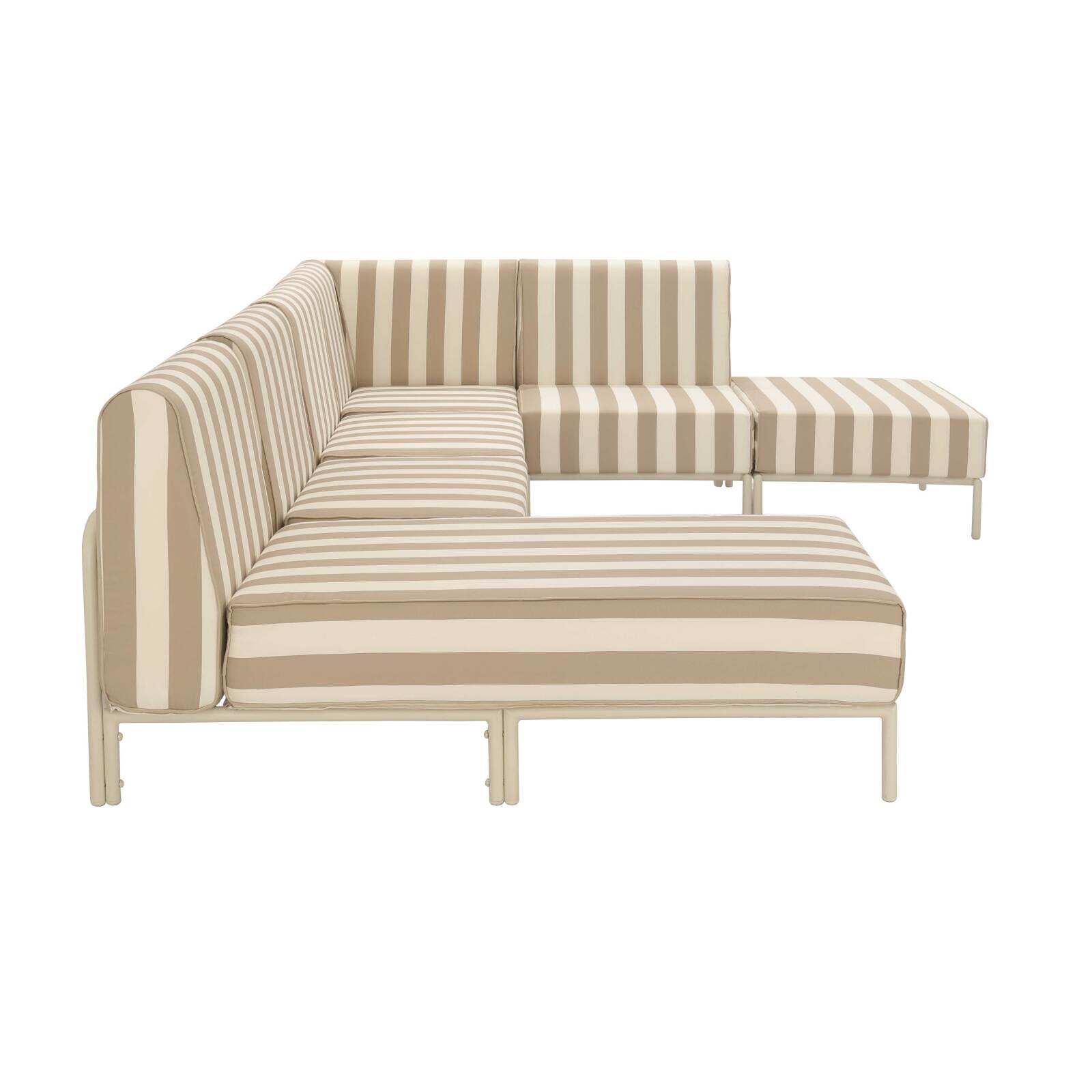 Sofá modular de exterior a rayas para 6 personas con 3 sillones, 1 sillón esquinero, 1 chaise longue y 1 puf