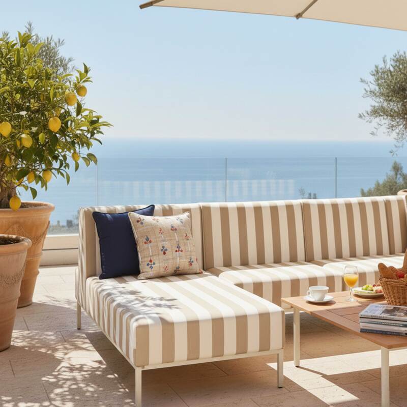 Sofá modular de exterior a rayas para 6 personas con 3 sillones, 1 sillón esquinero, 1 chaise longue y 1 puf (2/7)