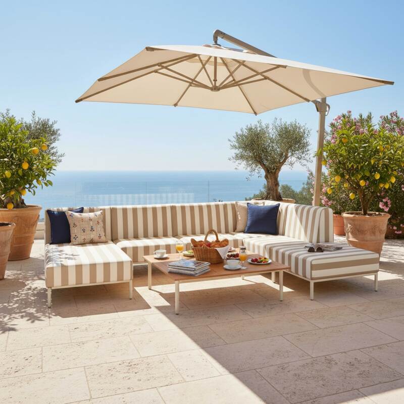 Sofá modular de exterior a rayas para 6 personas con 3 sillones, 1 sillón esquinero, 1 chaise longue y 1 puf