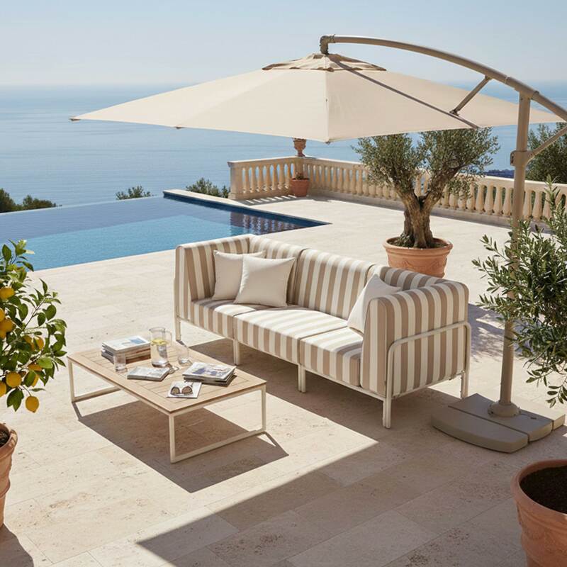 Sofá modular de exterior a rayas para 3 personas con 1 sillón y 2 sillones esquineros (7/8)