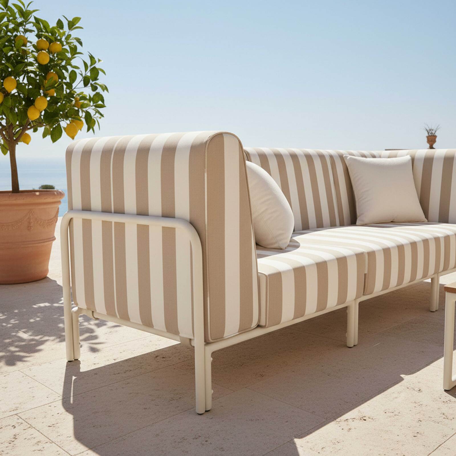 Sofá modular de exterior a rayas para 3 personas con 1 sillón y 2 sillones esquineros