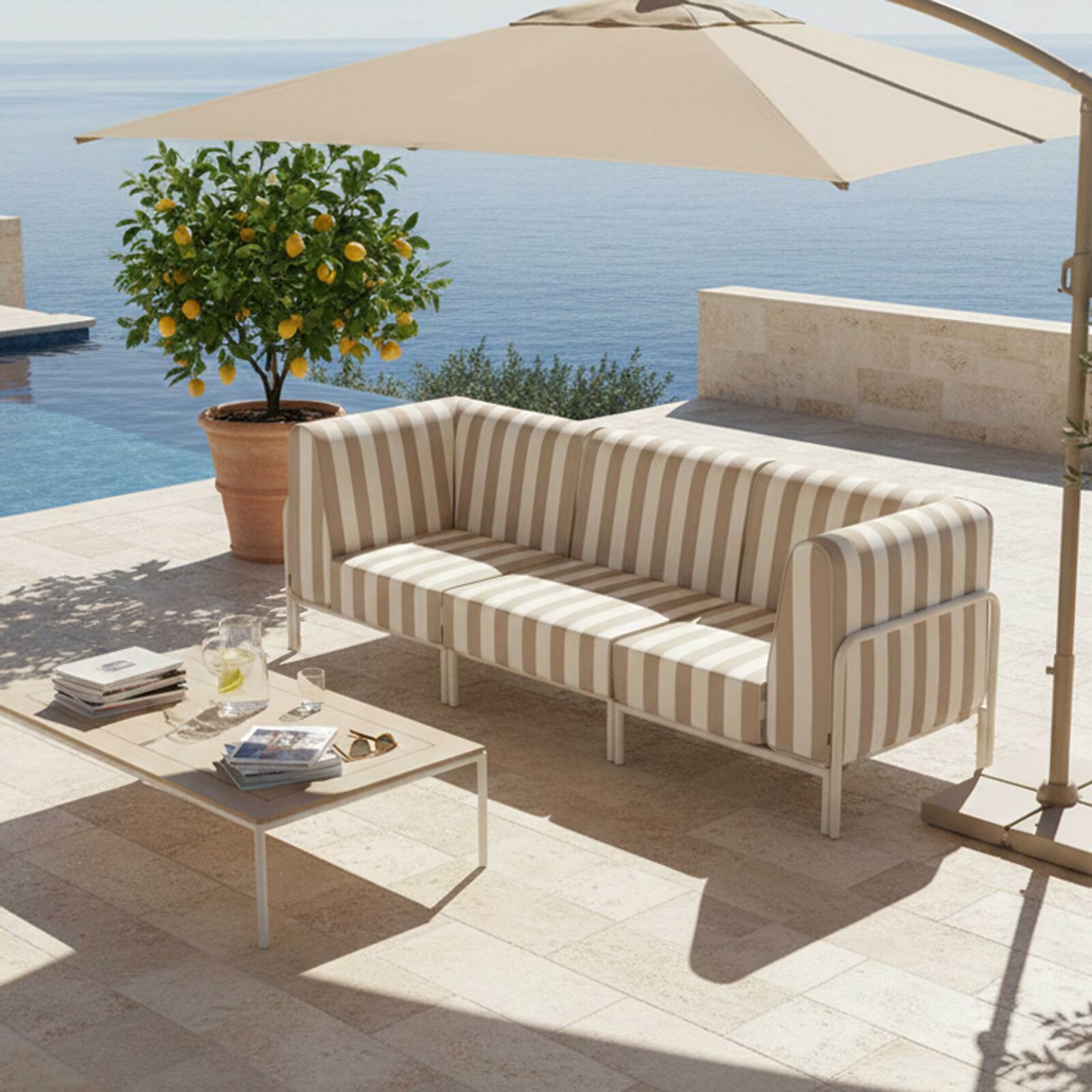 Sofá modular de exterior a rayas para 3 personas con 1 sillón y 2 sillones esquineros