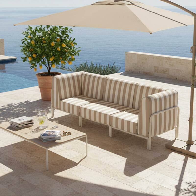 Sofá modular de exterior a rayas para 3 personas con 1 sillón y 2 sillones esquineros (7/8)