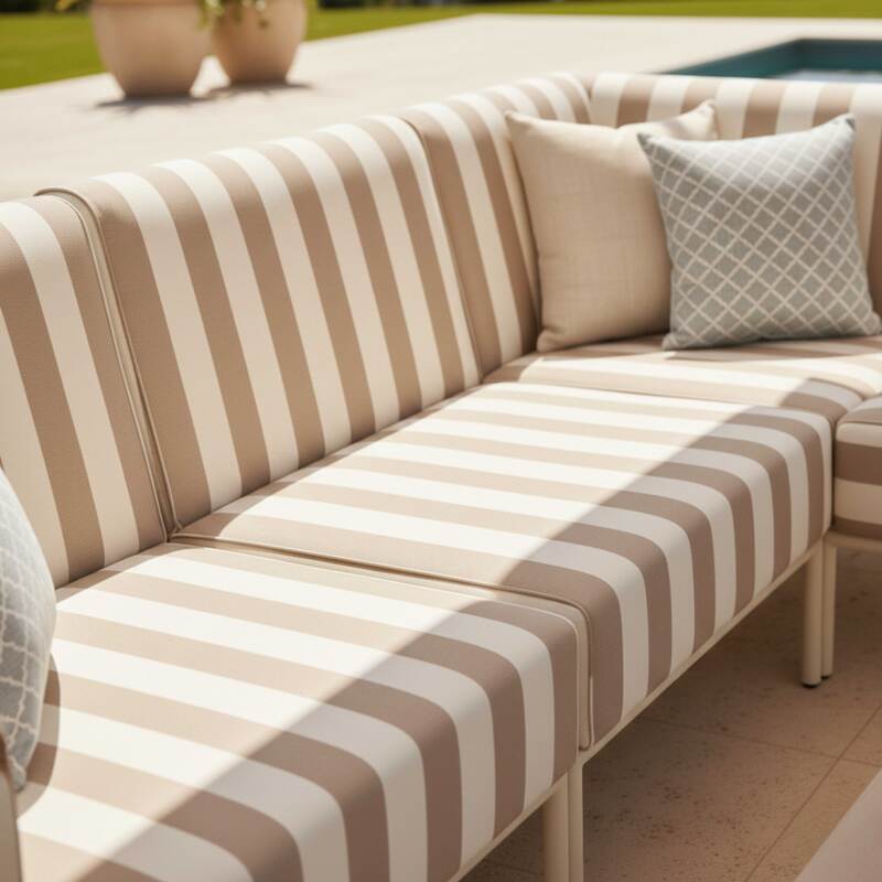 Sofá modular de exterior a rayas para 4 personas con 1 sillón, 2 sillones esquineros y 1 puf (3/8)