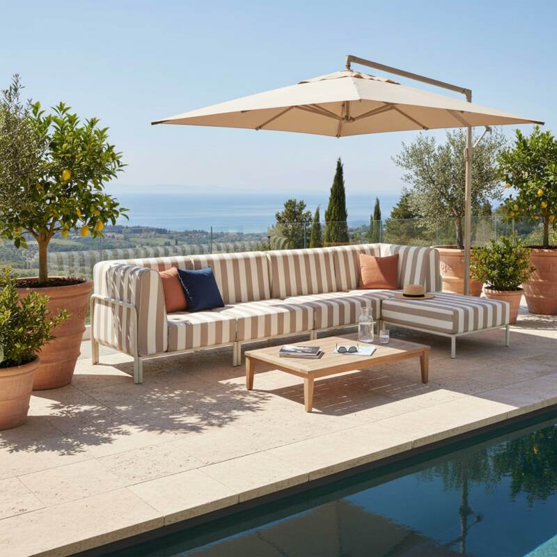 Sofá modular de exterior a rayas para 5 personas con 2 sillones, 2 sillones esquineros y 1 puf (2/8)