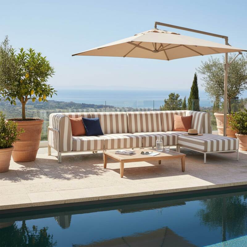 Sofá modular de exterior a rayas para 5 personas con 2 sillones, 2 sillones esquineros y 1 puf (7/8)