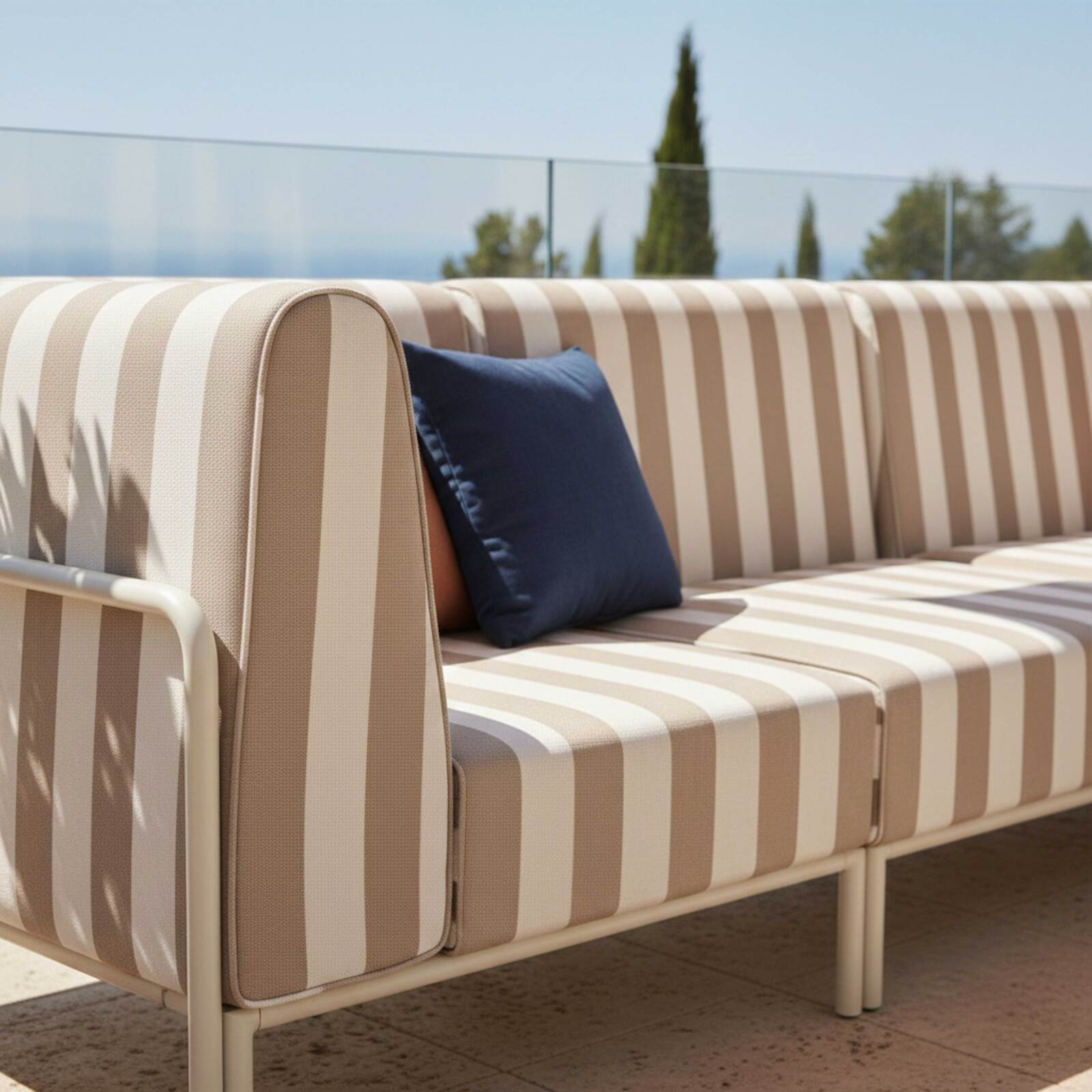 Sofá modular de exterior a rayas para 5 personas con 2 sillones, 2 sillones esquineros y 1 puf