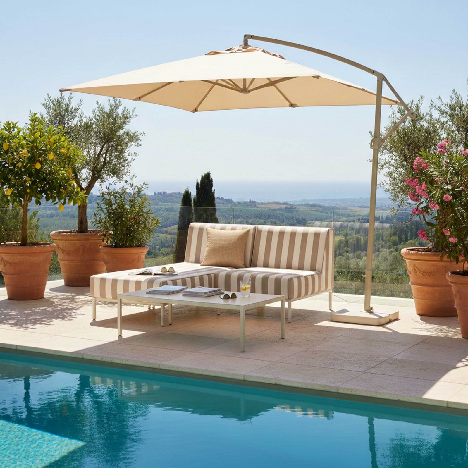 Sofá modular de exterior a rayas para 2 personas con 1 sillón y 1 chaise longue