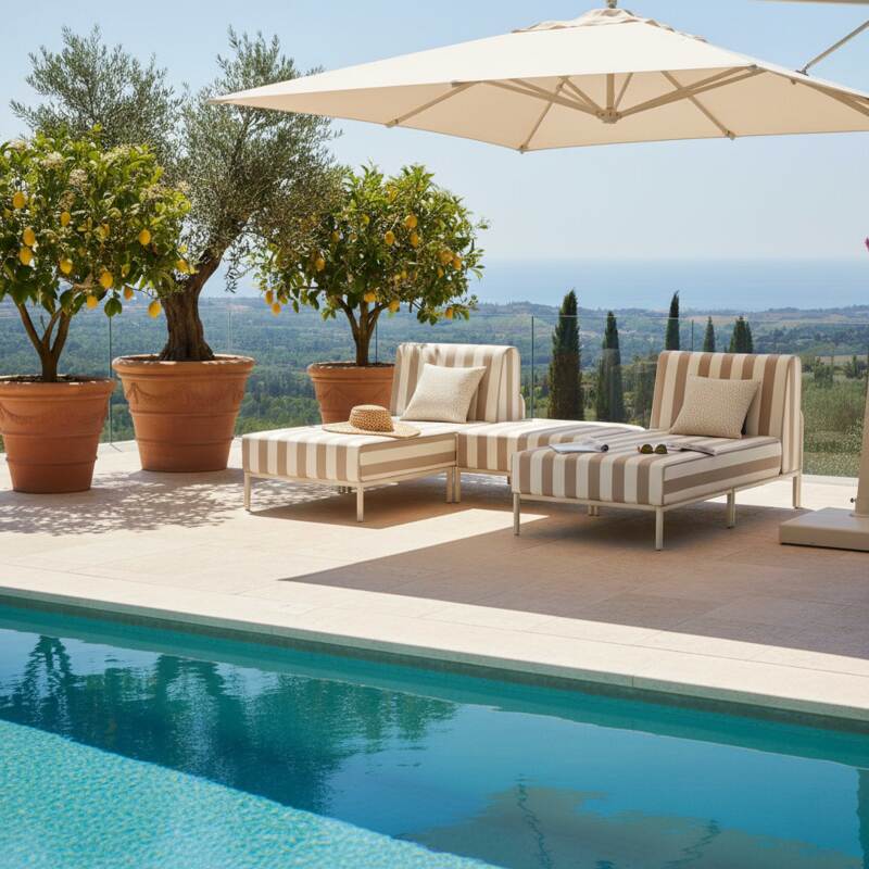 Sofá modular de exterior a rayas para 3 personas con 2 chaise longues y 1 puf (6/8)