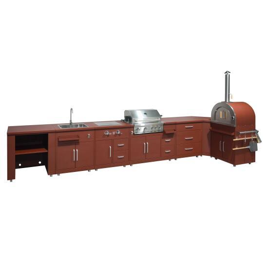 Cocina de exterior de metal de esquina con fregadero de exterior, horno a pizza, cocina a gas, barbacoa y almacenaje - 7 módulos