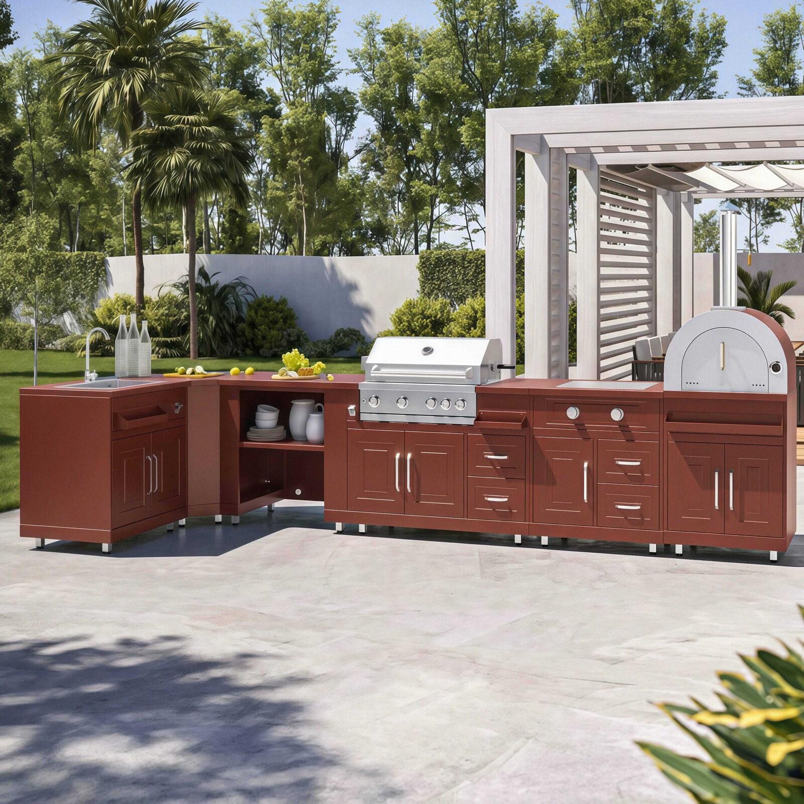 Cocina de exterior de metal de esquina con fregadero de exterior, cocina de gas, barbacoa y almacenaje - 6 módulos