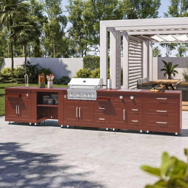 Cocina de exterior de metal con fregadero de exterior, cocina a gas, barbacoa y almacenaje - 5 módulos