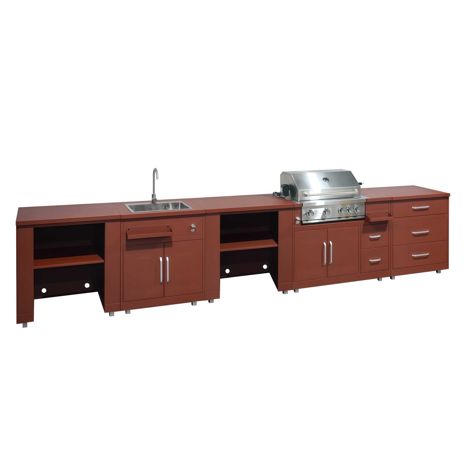 Cocina de exterior de metal con fregadero de exterior, barbacoa y almacenaje - 5 módulos