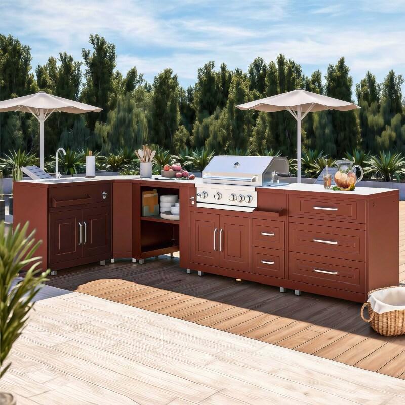 Cocina de exterior de metal de esquina con fregadero de exterior, barbacoa y almacenaje - 5 módulos