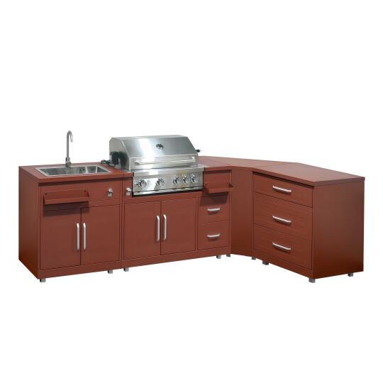 Cocina de exterior de metal de esquina con fregadero de exterior, barbacoa y almacenaje - 4 módulos
