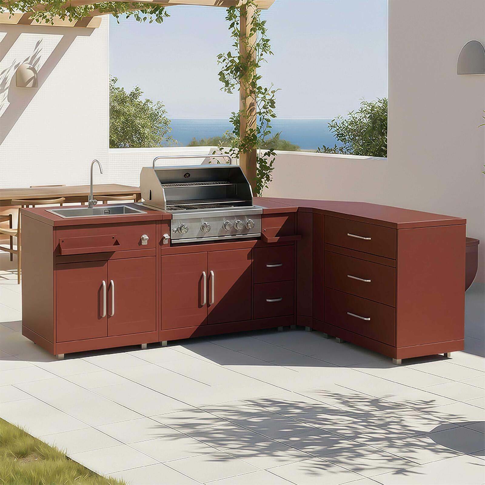 Cocina de exterior de metal de esquina con fregadero de exterior, barbacoa y almacenaje - 4 módulos
