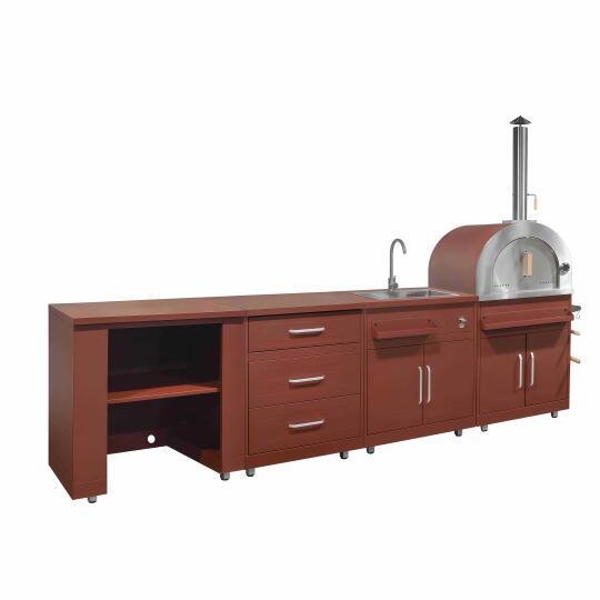 Cocina de exterior de metal con fregadero de exterior, horno a pizza y almacenaje - 4 módulos | Oviala