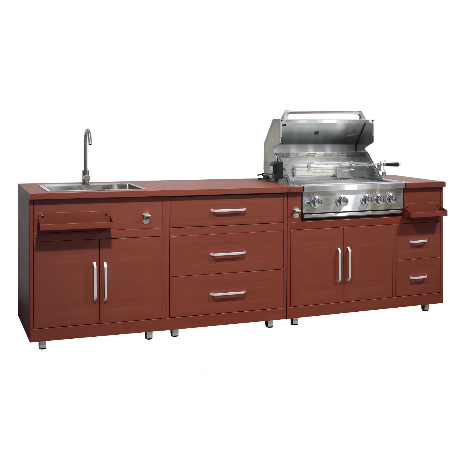 Cocina de exterior de metal con fregadero de exterior, barbacoa y almacenaje - 3 módulos