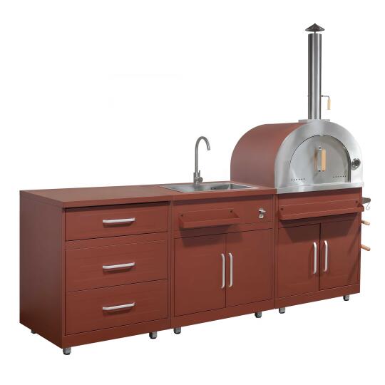 Cocina de exterior de metal con fregadero de exterior, horno a pizza y almacenaje - 3 módulos | Oviala