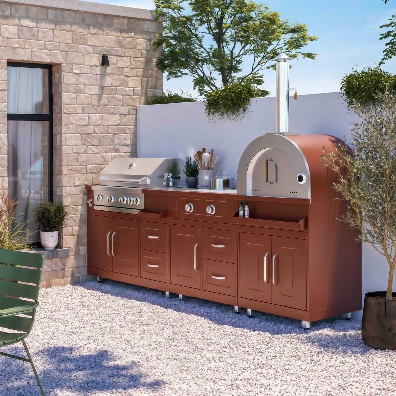 Cocina de exterior de metal con horno a pizza, cocina a gas, barbacoa y almacenaje - 3 módulos - Lifestyle