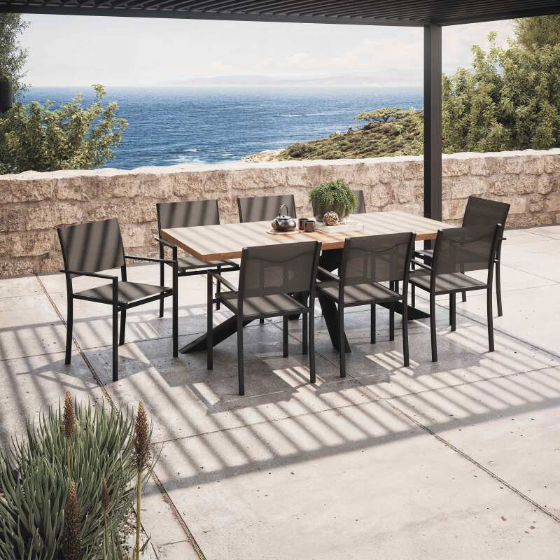 Mesa de jardín de madera de acacia y aluminio 200x95 cm y 8 sillas con reposabrazos de textilene - Lifestyle