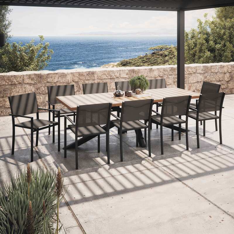Mesa de jardín de madera de acacia y aluminio 240x95 cm y 8 sillas con reposabrazos de textilene - Lifestyle