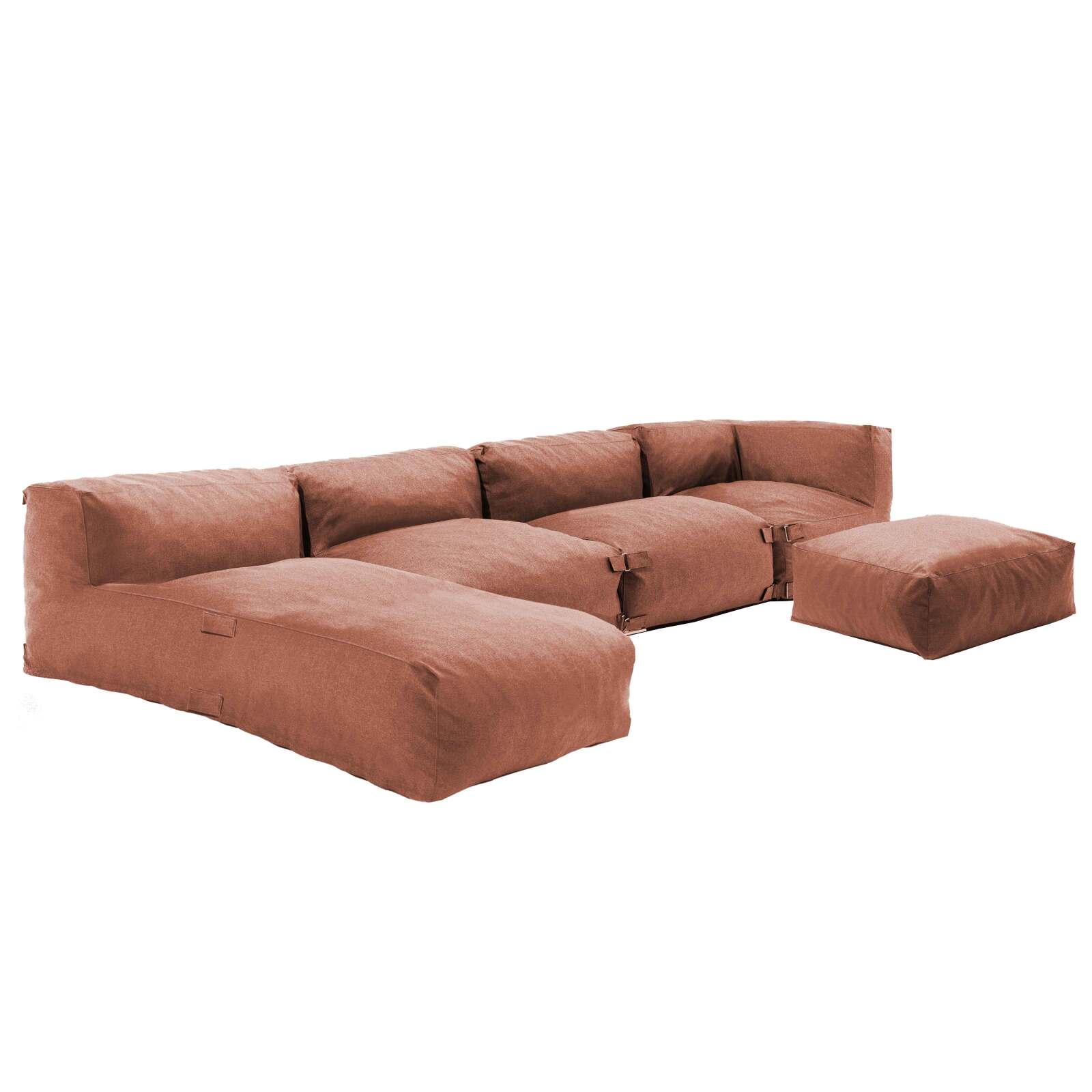 Sofá modular de exterior para 5 personas con 2 sillones, 1 sillón esquinero, 1 chaise longue  y 1 puf