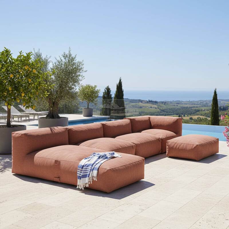 Sofá modular de exterior para 5 personas con 2 sillones, 1 sillón esquinero, 1 chaise longue  y 1 puf