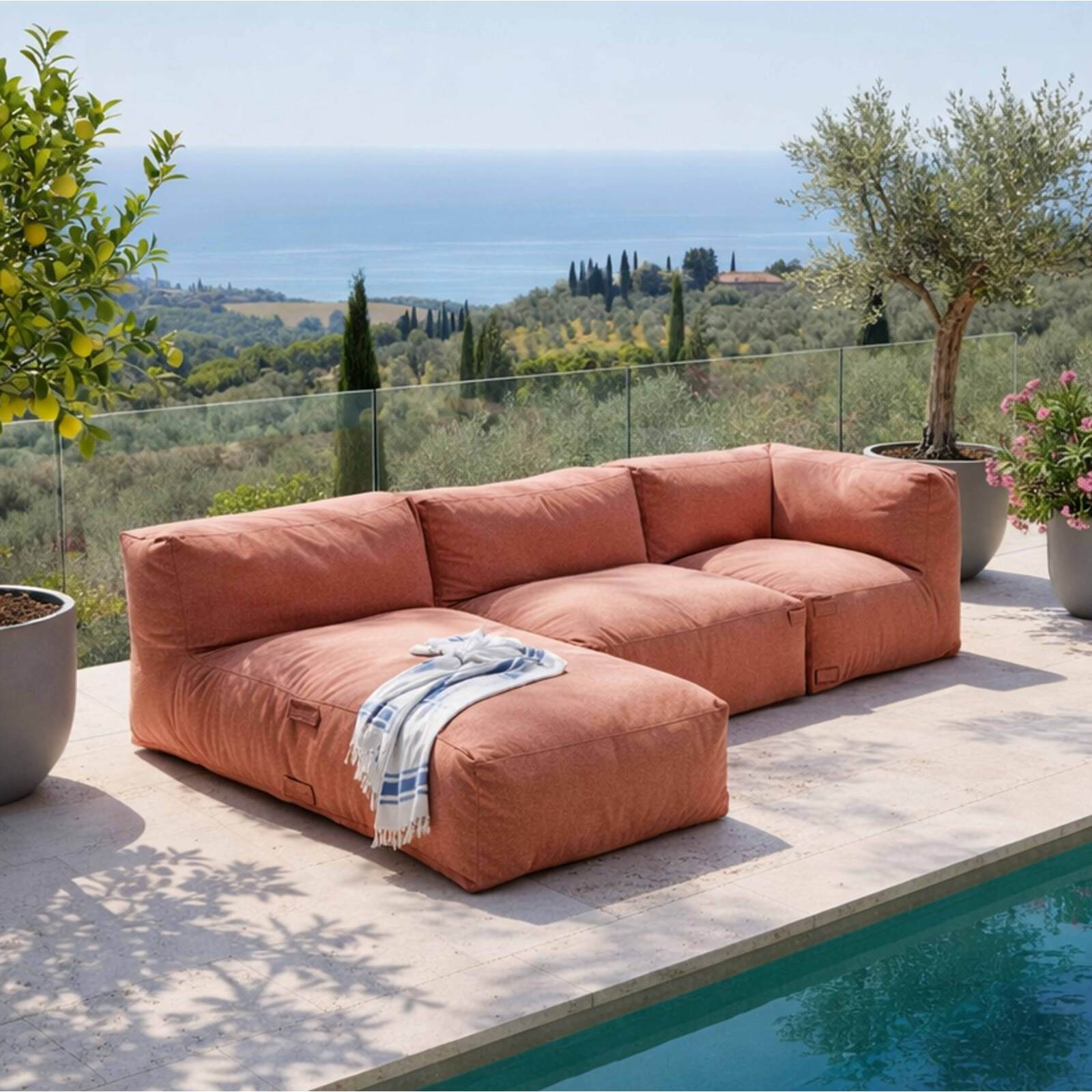 Sofá modular de exterior para 3 personas con 1 sillón, 1 sillón esquinero y 1 chaise longue