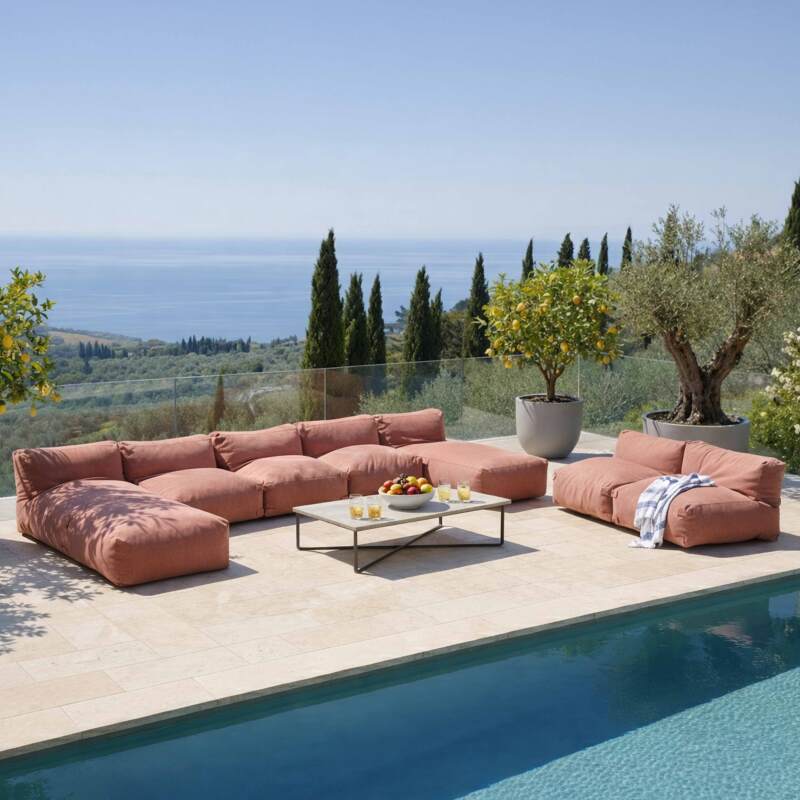 Sofá modular de exterior para 7 personas con 5 sillones y 2 chaise longue