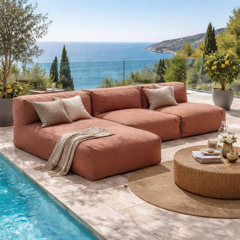 Sofá modular de exterior para 3 personas con 2 sillones y 1 chaise longue - Lifestyle
