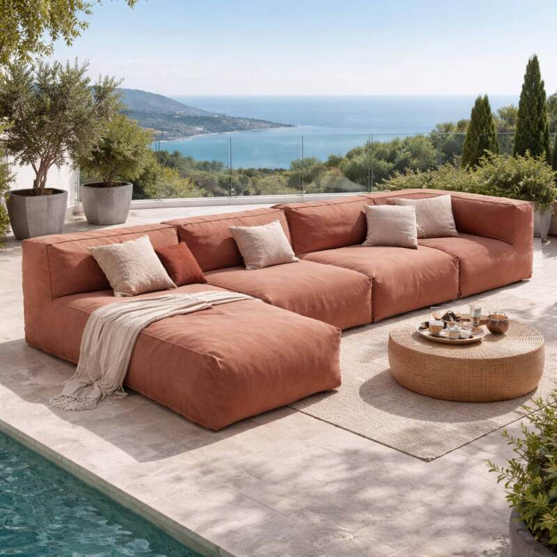 Sofá modular de exterior para 4 personas con 2 sillones, 1 sillón esquinero y 1 chaise longue - Lifestyle