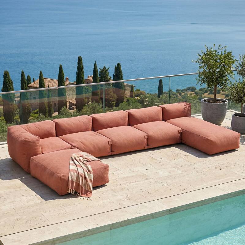 Sofá modular de exterior para 6 personas con 3 sillones, 1 sillón esquinero, 1 chaise longue y 1 puf
