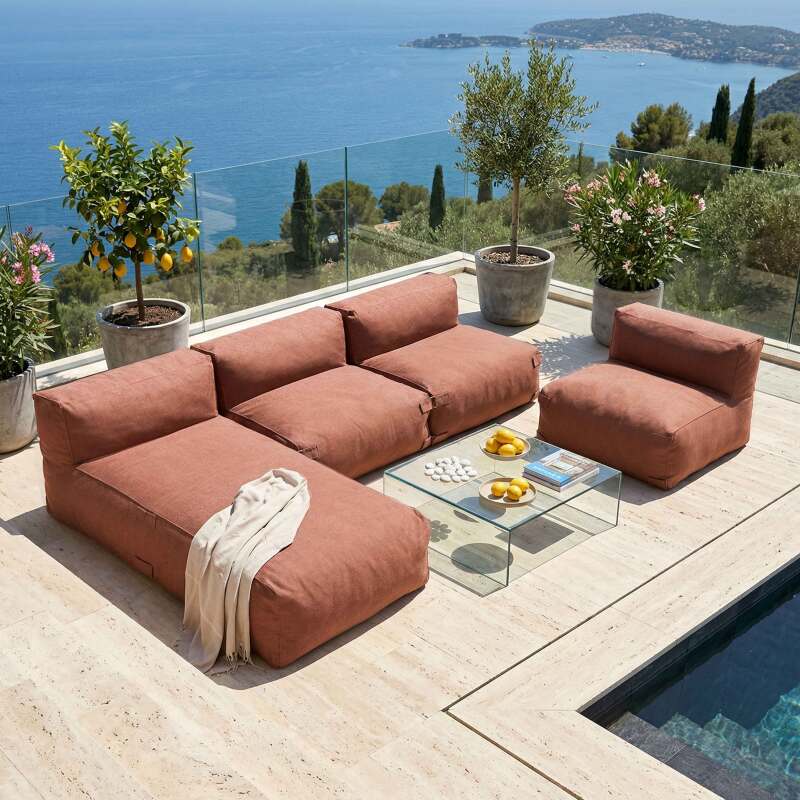 Sofá modular de exterior para 4 personas con 3 sillones y 1 chaise longue