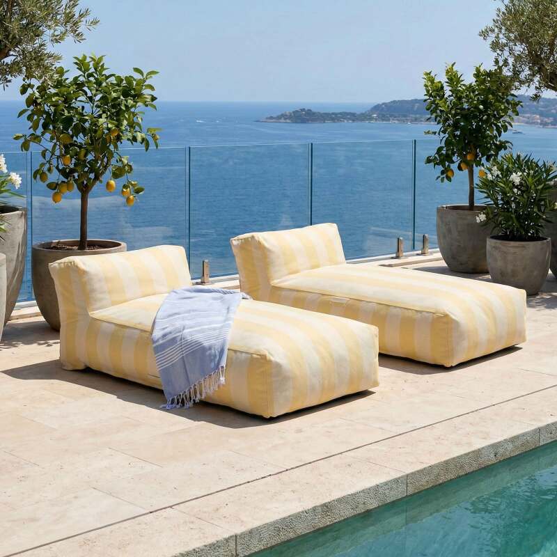 Sofá modular de exterior para 2 personas con 2 chaise longue a rayas