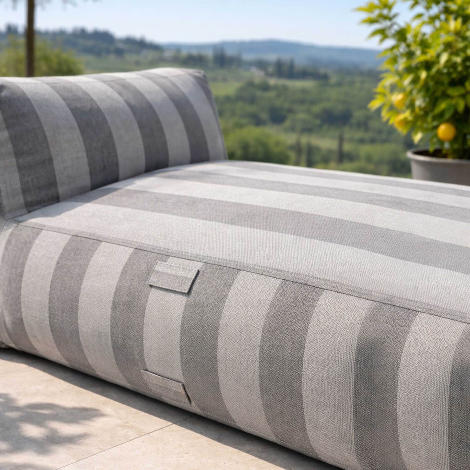 Sofá modular de exterior para 2 personas con 2 chaise longue a rayas